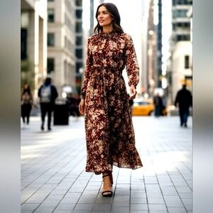 Lark + Grey Floral Maxi‎ Dress Women's Sz XL Burgundy Long Sleeve Cottage Fairy
